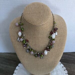 Vtg Glass Beaded Necklace with Butterfly Accents